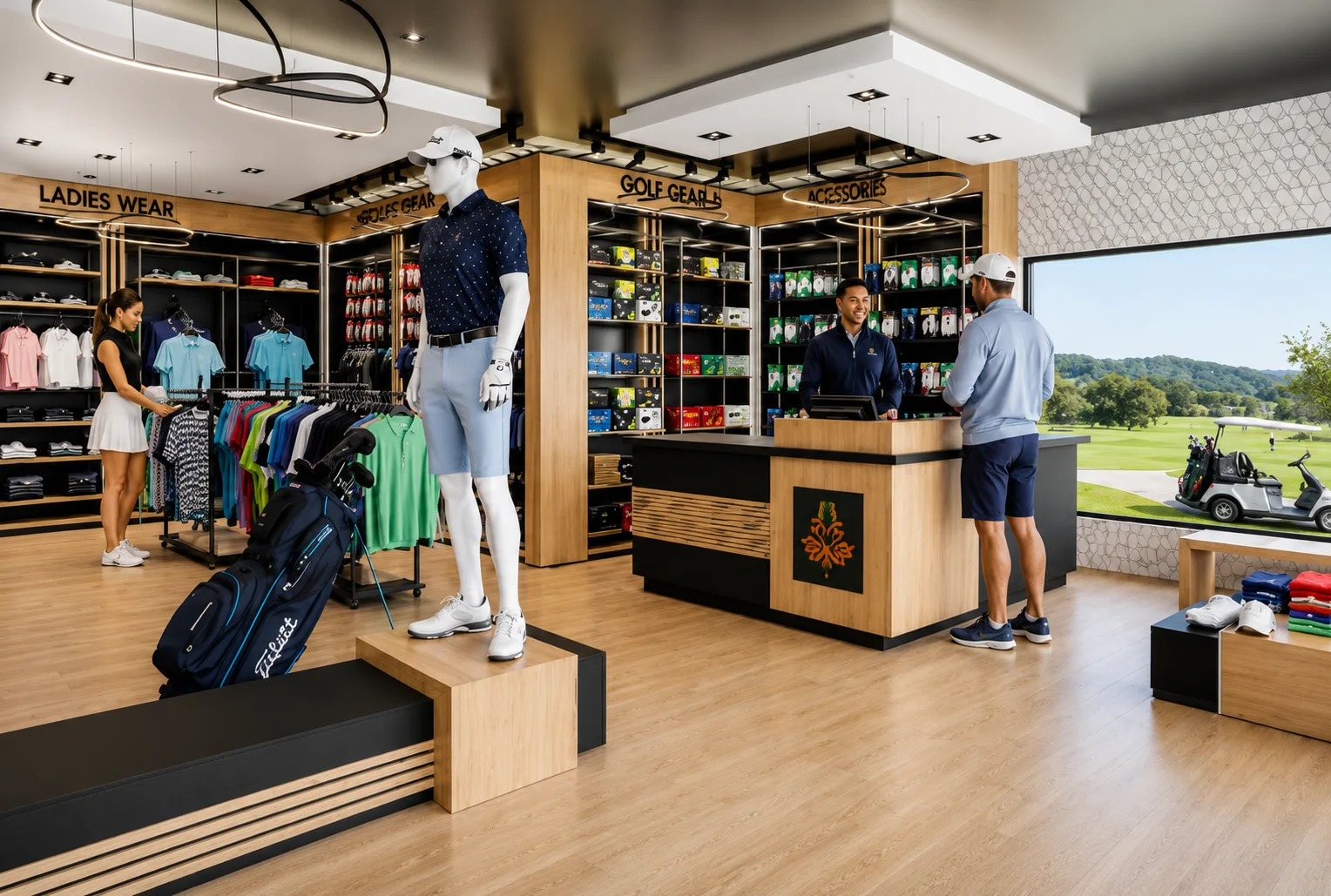Interior of a golf pro shop with apparel displays, mannequins, a sales counter, and a large window overlooking a golf course.