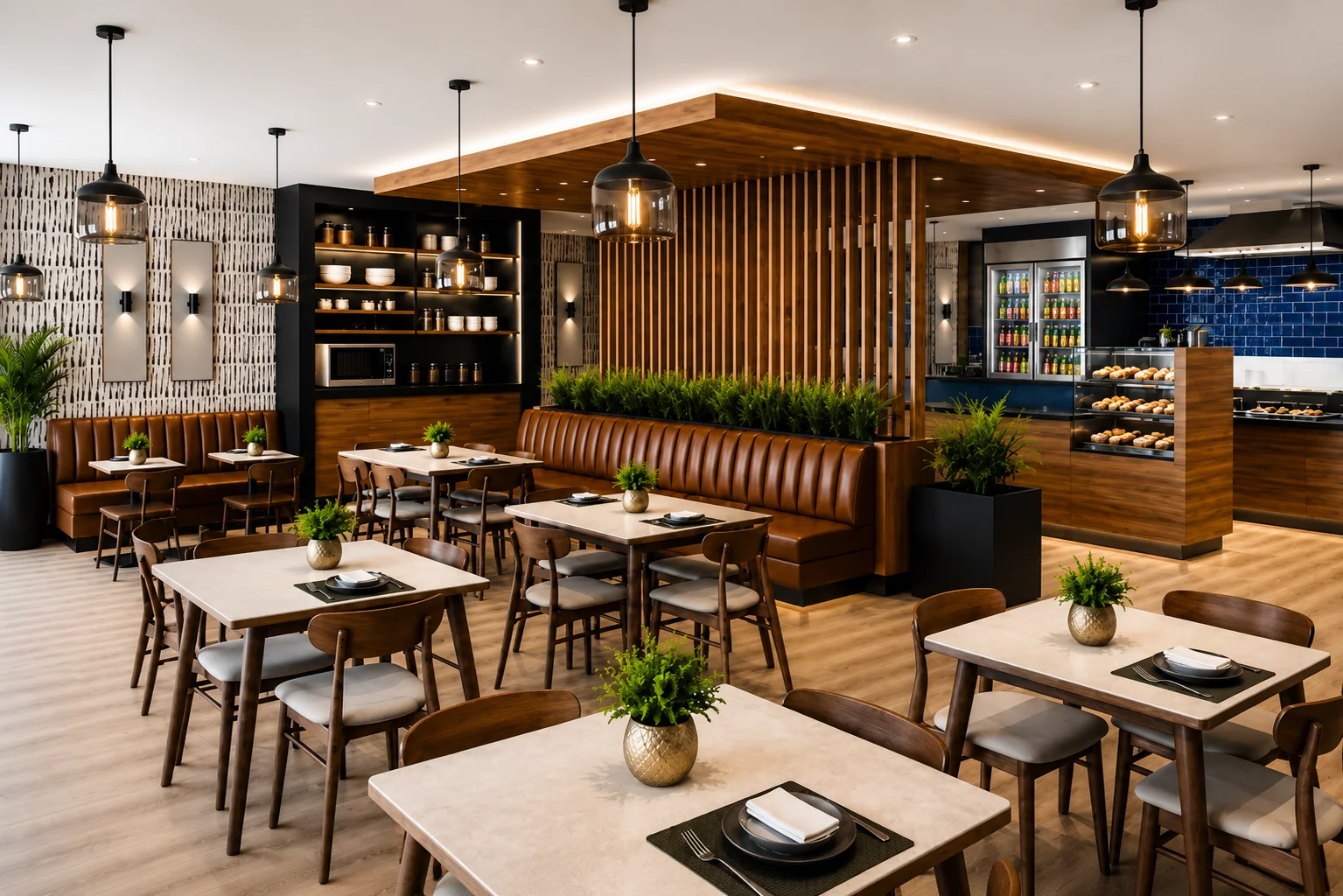 Spacious café interior featuring wooden tables and chairs, leather banquette seating, pendant lights, plants, and a display counter with baked goods.