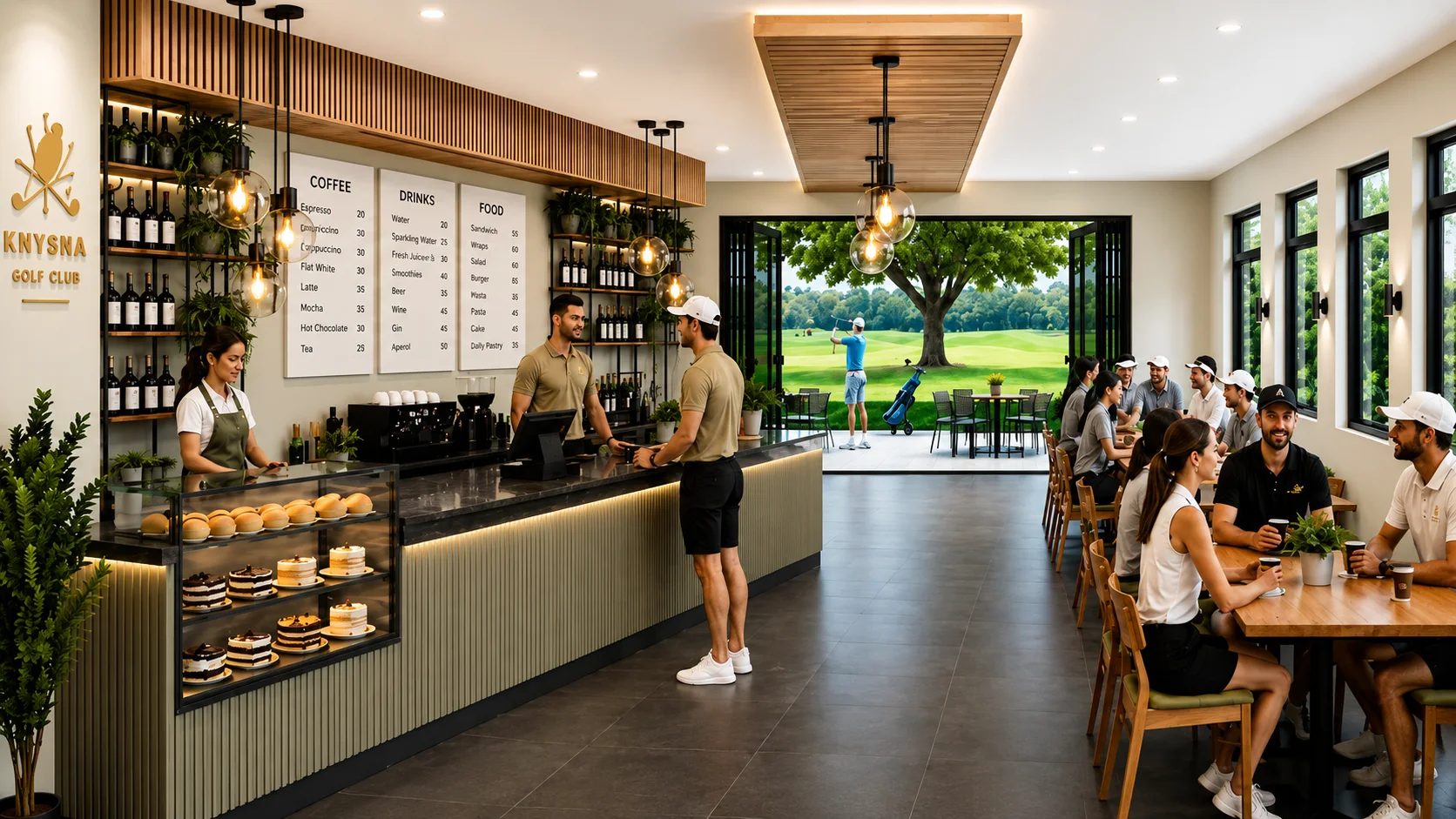 Bright café interior with counter, menu board, staff serving customers, and patrons seated at tables overlooking a golf course.